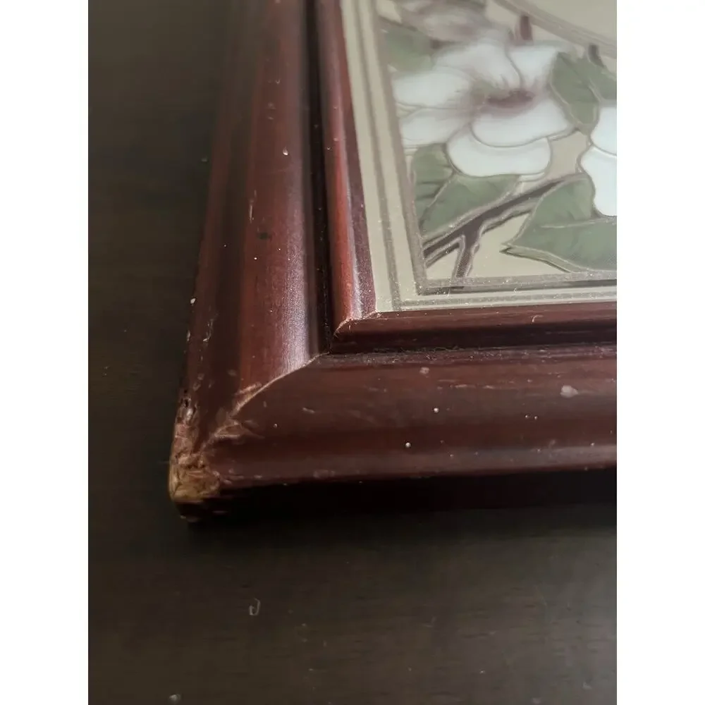 Vtg Romantic Etched Floral Flower Magnolia Oval Mirror Wood Frame Granny Retro